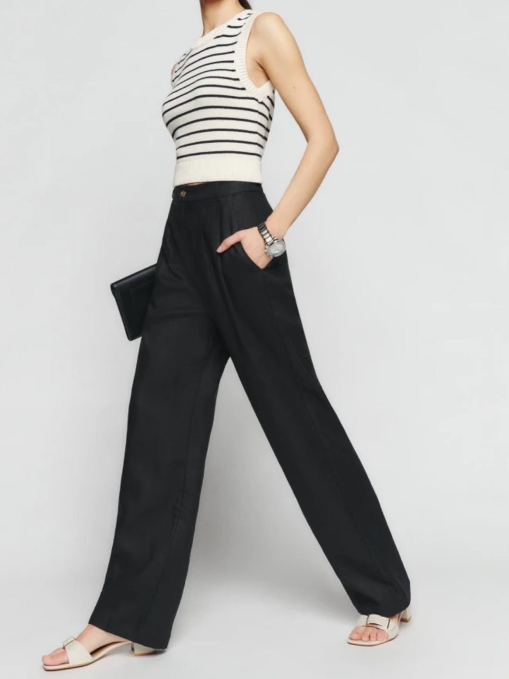 Reformation Mason Linen Wide Leg Pants 8 Black High Rise Pleated Trouser NWOT